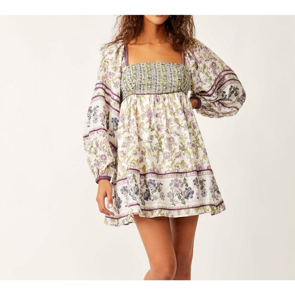 Free People Endless Afternoon Mini Dress M Floral Cream Lavender Green